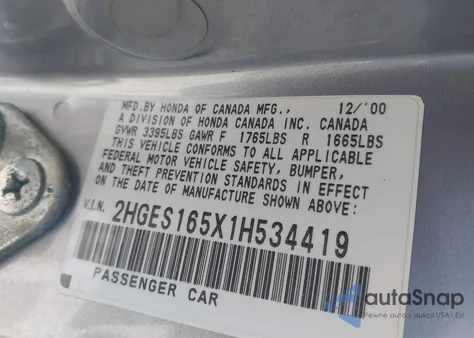 2001 Honda Civic Lx z USA, uszkodzony, nr VIN 2HGES165X1H534419